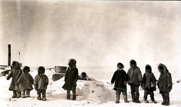 Eskimo children playing in the snow at 50 degrees below zero. Penn Museum image 11328.