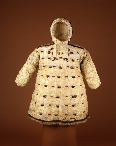 Waterproof Parka made of the throat lining of sea lions. Collected by G.B. Gordon in 1905. Penn Museum object NA247, image 149958.