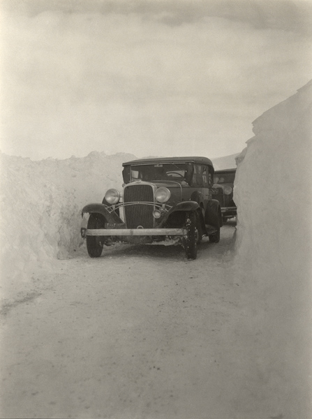 Convoy en route Teheran-Baghdad on snow-covered highway, near the court of a caravanserai. From the Damghan Expedition, Joint Expedition to Persia, 1932. Penn Museum image 173843.